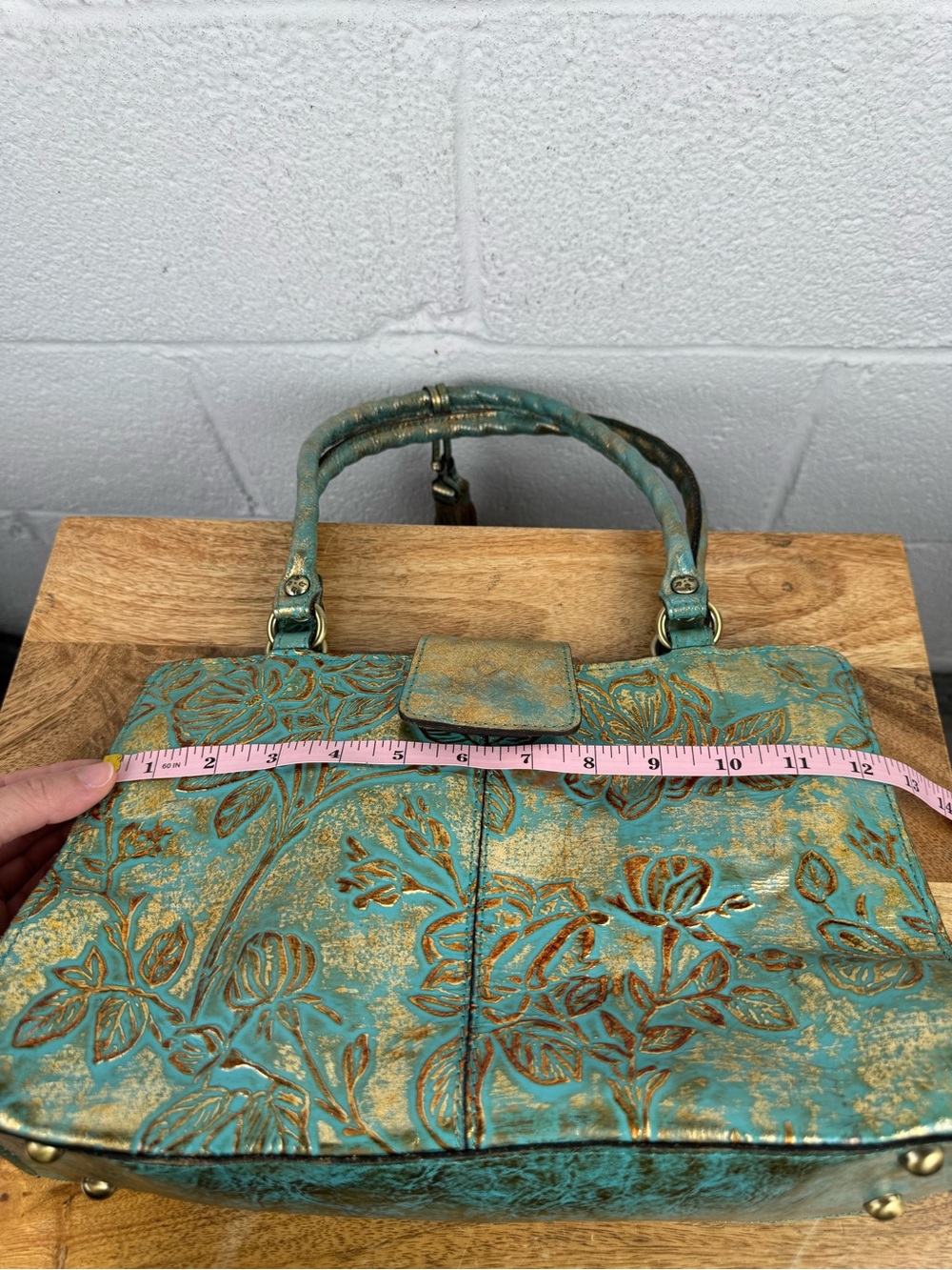 Patricia Nash Turquoise Gold Tooled Floral Leather Satchel Tassel Bag - Picture 13 of 15